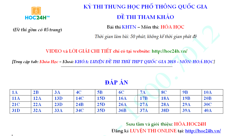 ĐÁP ÁN ĐỀ THAM KHẢO KÌ THI THPT QG – MÔN: HÓA HỌC